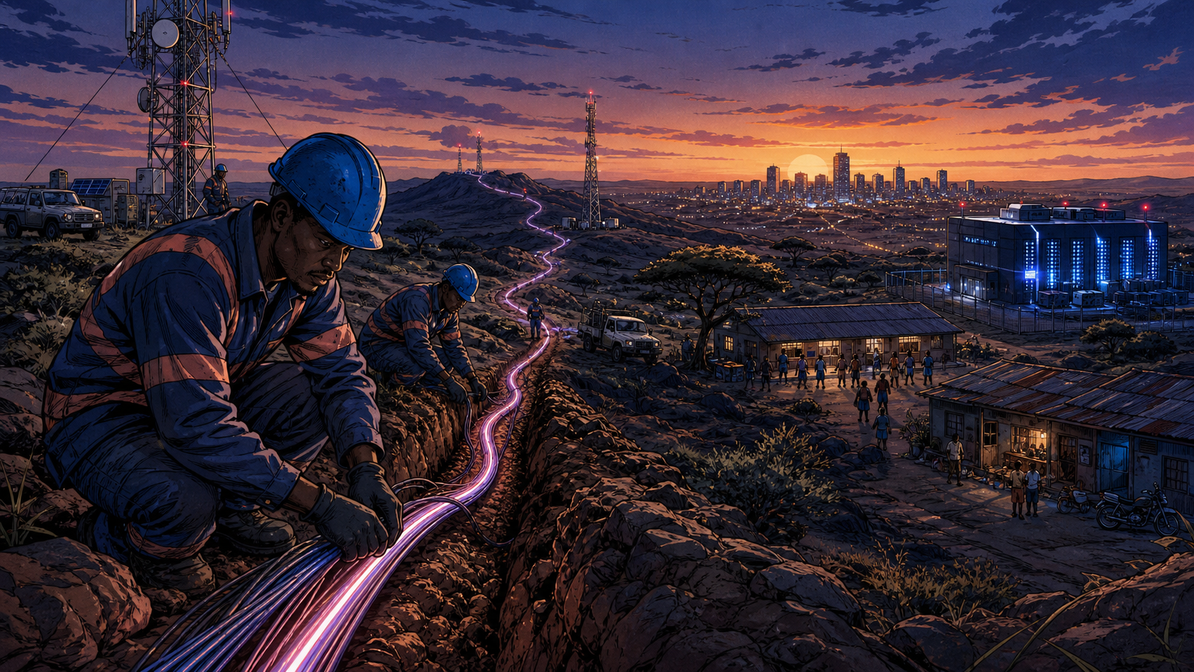 Engineers extending an African fiber backbone from mobile towers toward cities, schools, businesses, data centers, and payment networks
