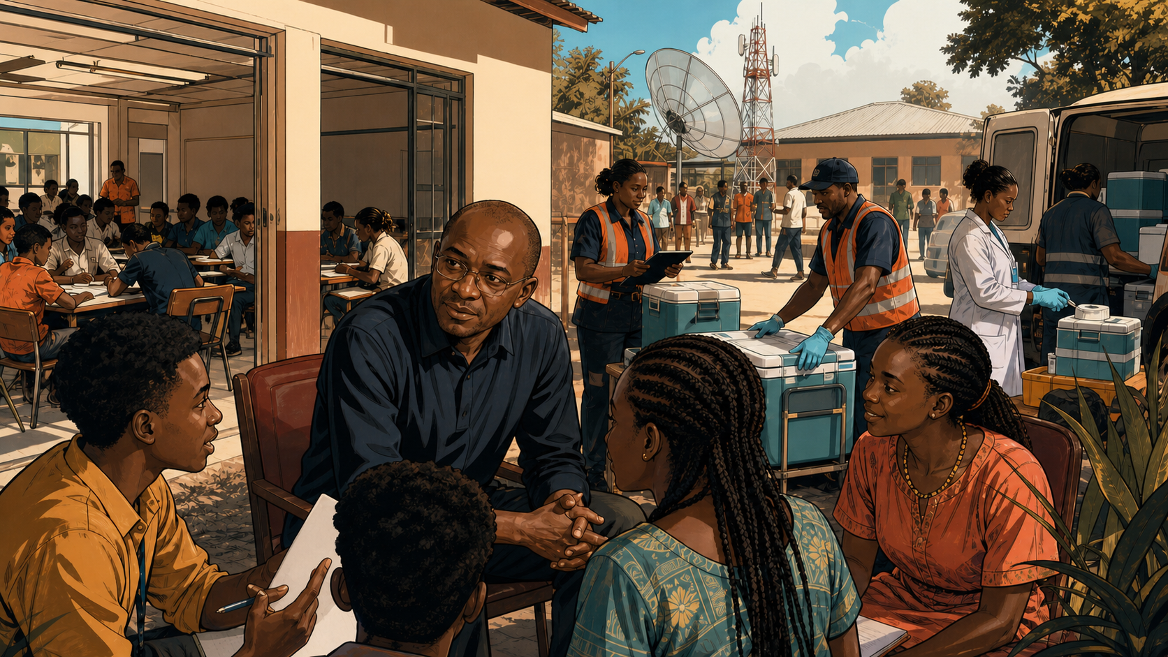Strive Masiyiwa meeting scholarship students and public health workers as education and vaccine logistics connect across Africa