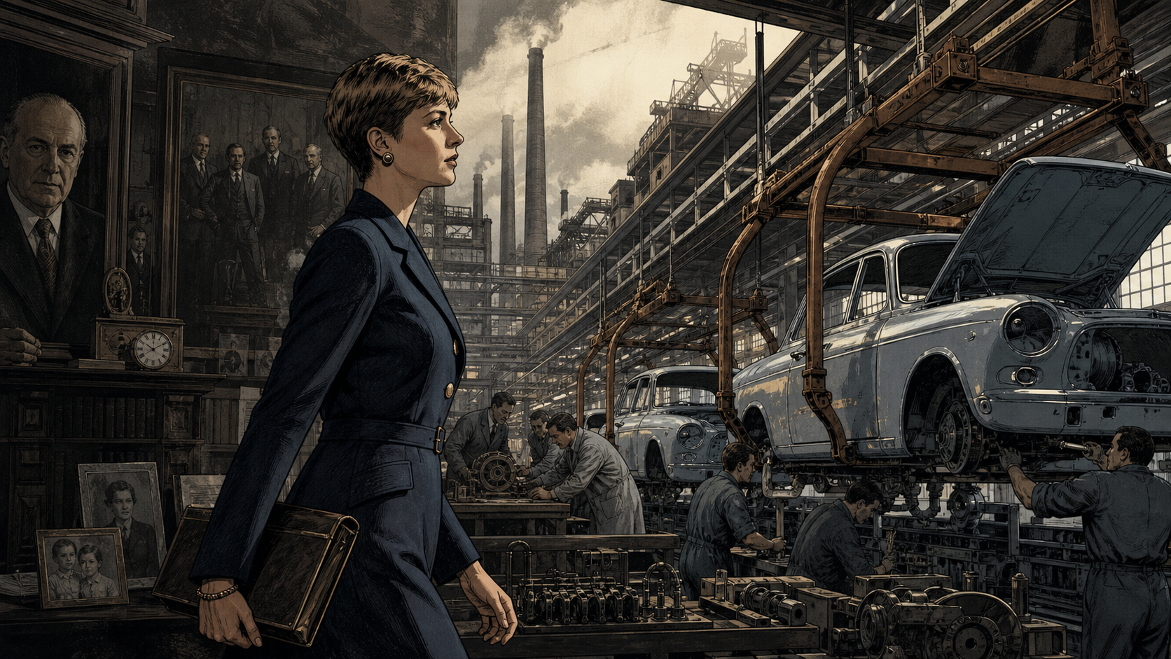 A young Susanne Klatten walking through a postwar German industrial landscape linking BMW automobiles, engineering plants, and family archives