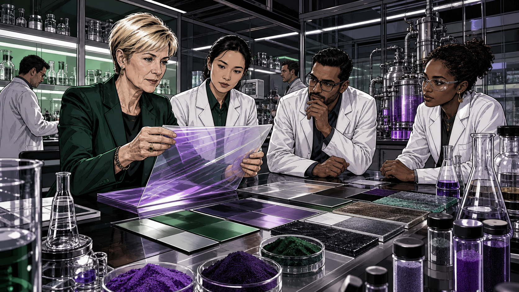Susanne Klatten reviewing specialty chemical films, laboratory coatings, and research investments with Altana scientists