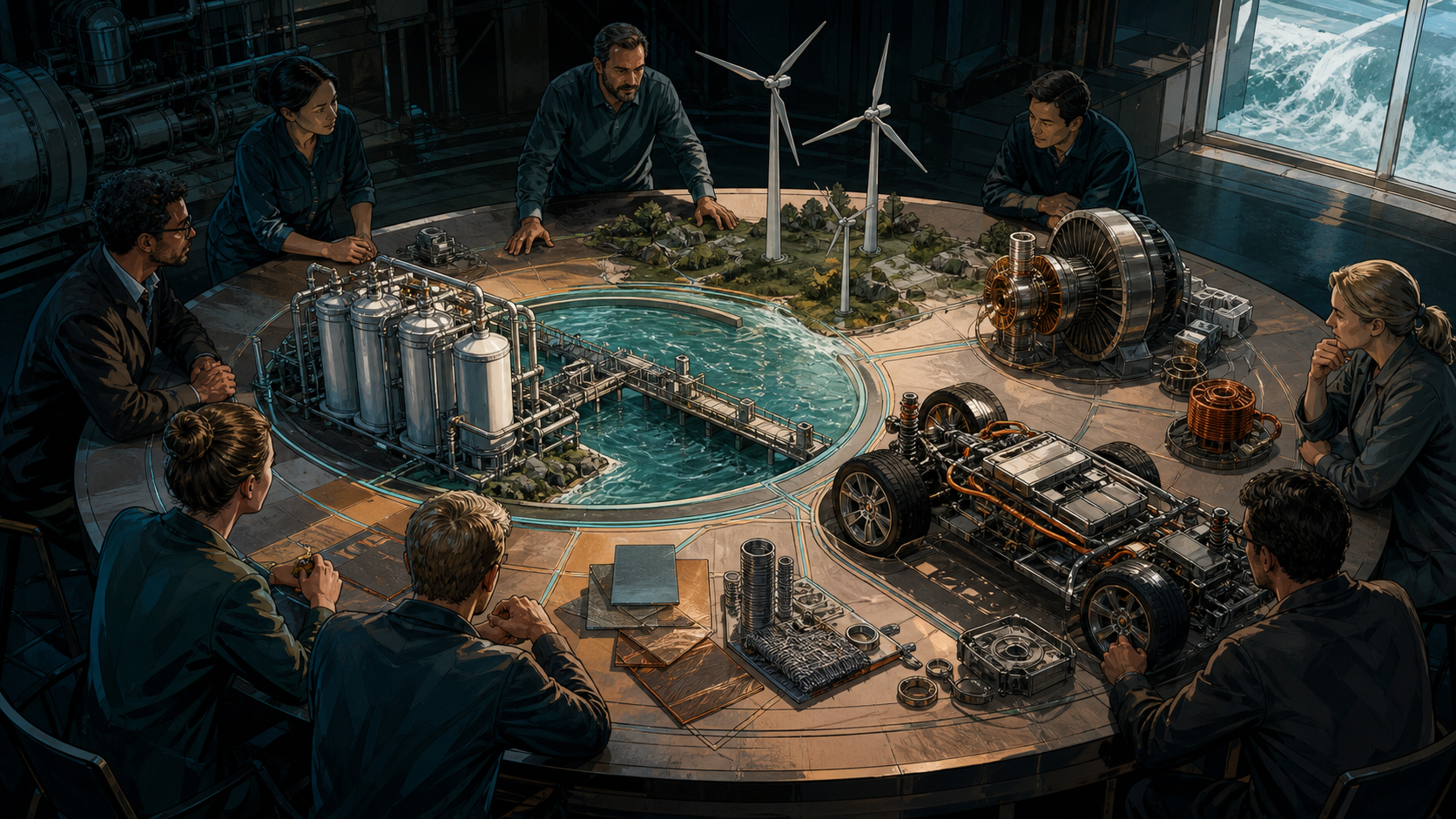 A long-horizon investment table connecting clean water systems, renewable energy, advanced materials, mobility, and industrial software