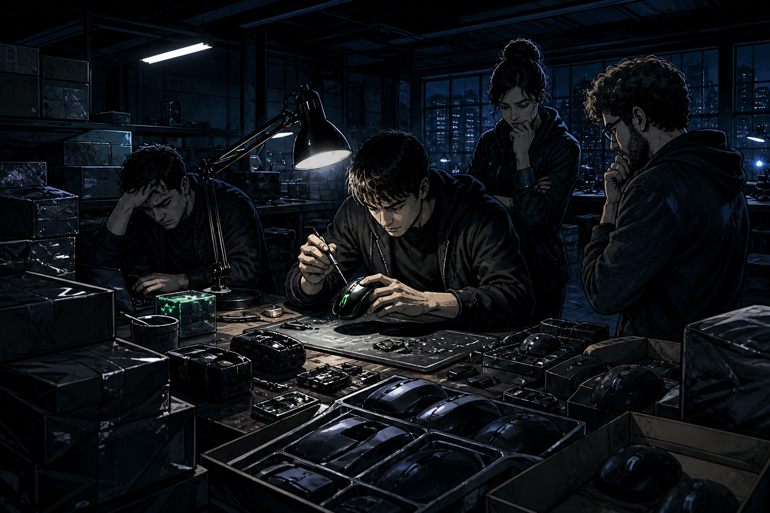 A small Razer hardware team rebuilding a precise mouse prototype amid inventory pressure late at night