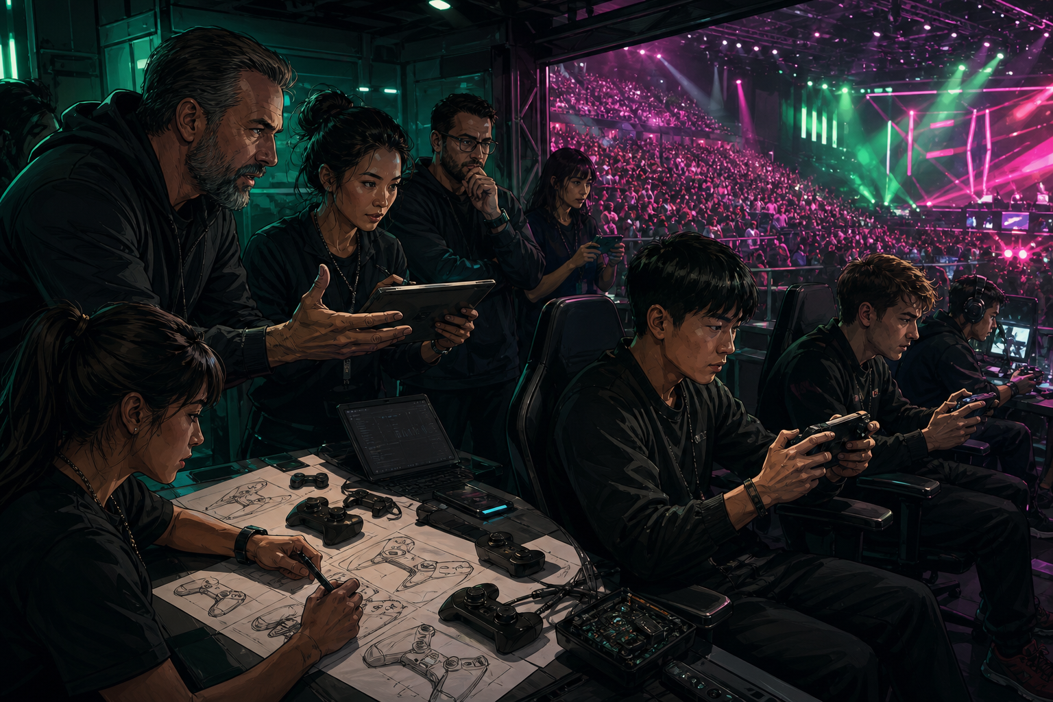 Razer designers observing competitive players backstage at an esports arena to study real product use