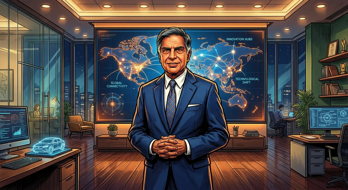 Ratan Tata standing confidently in a modern office, a digital world map behind him, symbolizing global vision and technological shift
