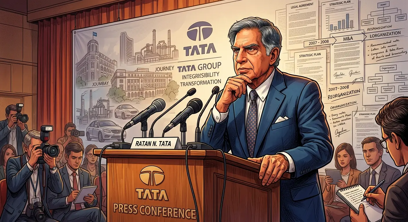 Ratan Tata in a thoughtful, resolute pose during a press conference, with a subtle backdrop hinting at complex legal or business documents