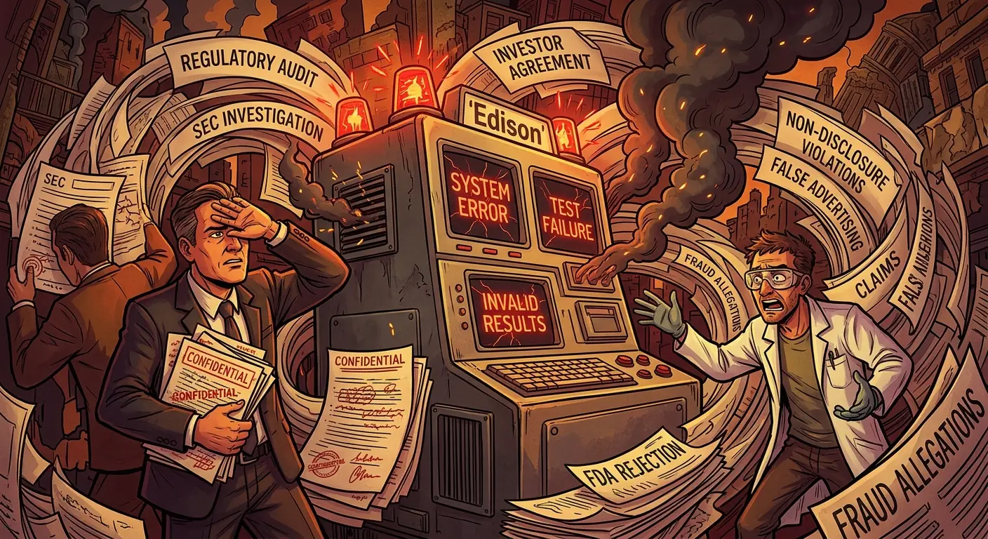 A highly stylized graphic of a Theranos "Edison" device, depicted with error messages and red warning lights, surrounded by a maze of complex regulatory documents.
