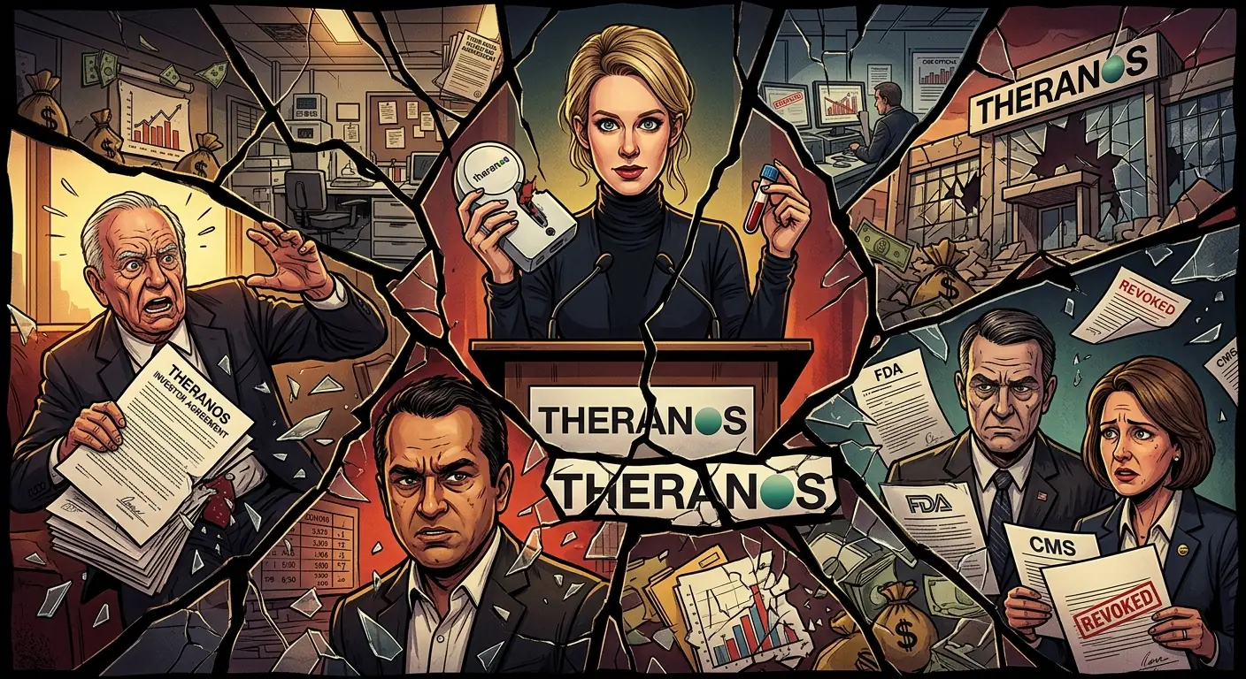 A fractured mosaic depicting various key figures from the Theranos saga – Elizabeth Holmes, Sunny Balwani, investors, regulators – with cracks running through the image, symbolizing broken trust and shattered reputations.