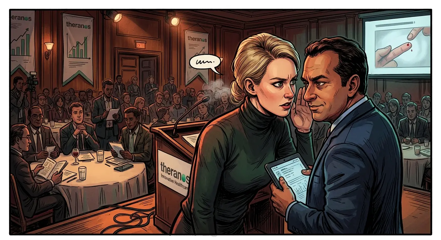 Elizabeth Holmes and Sunny Balwani in a candid moment, looking conspiratorial and intense during an early Theranos presentation.