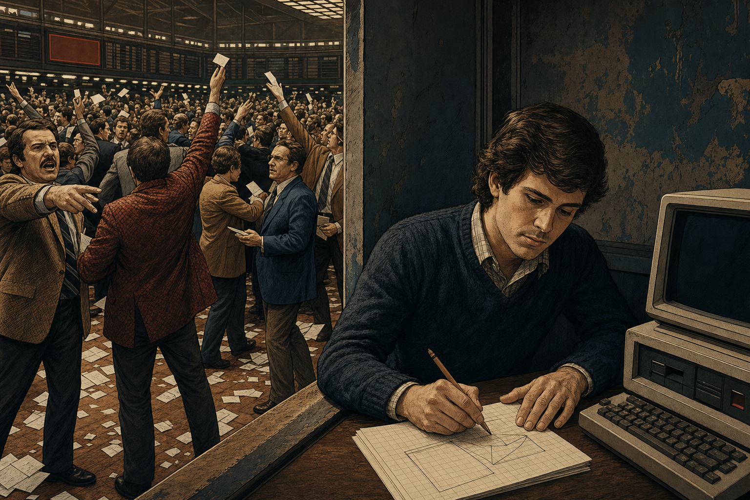 Thomas Peterffy as a young programmer observing a chaotic 1970s trading floor while sketching a precise electronic system