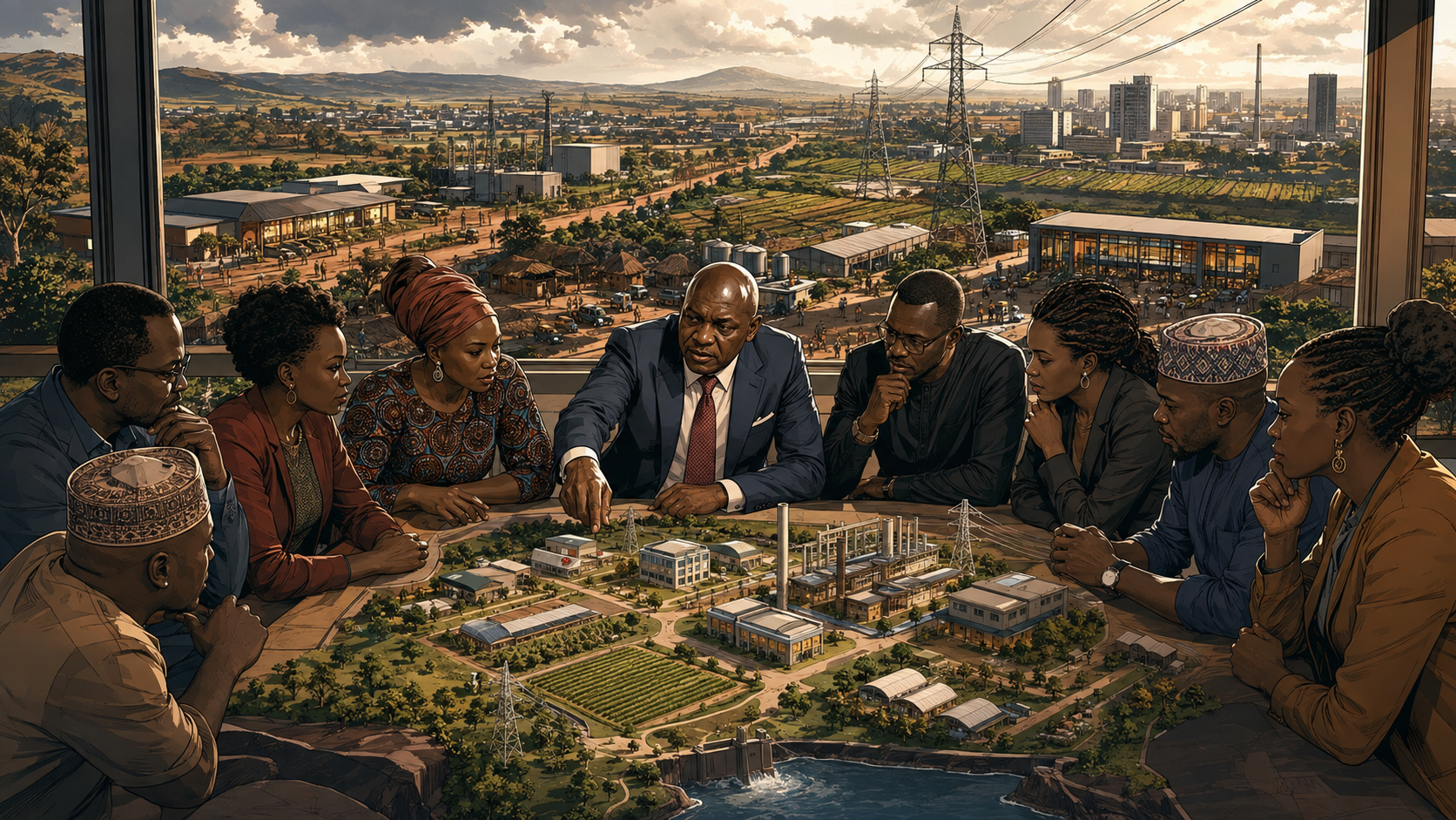 Tony Elumelu at a long investment table where African power lines, farms, banks, hospitals, and entrepreneurs rise from a shared continental blueprint