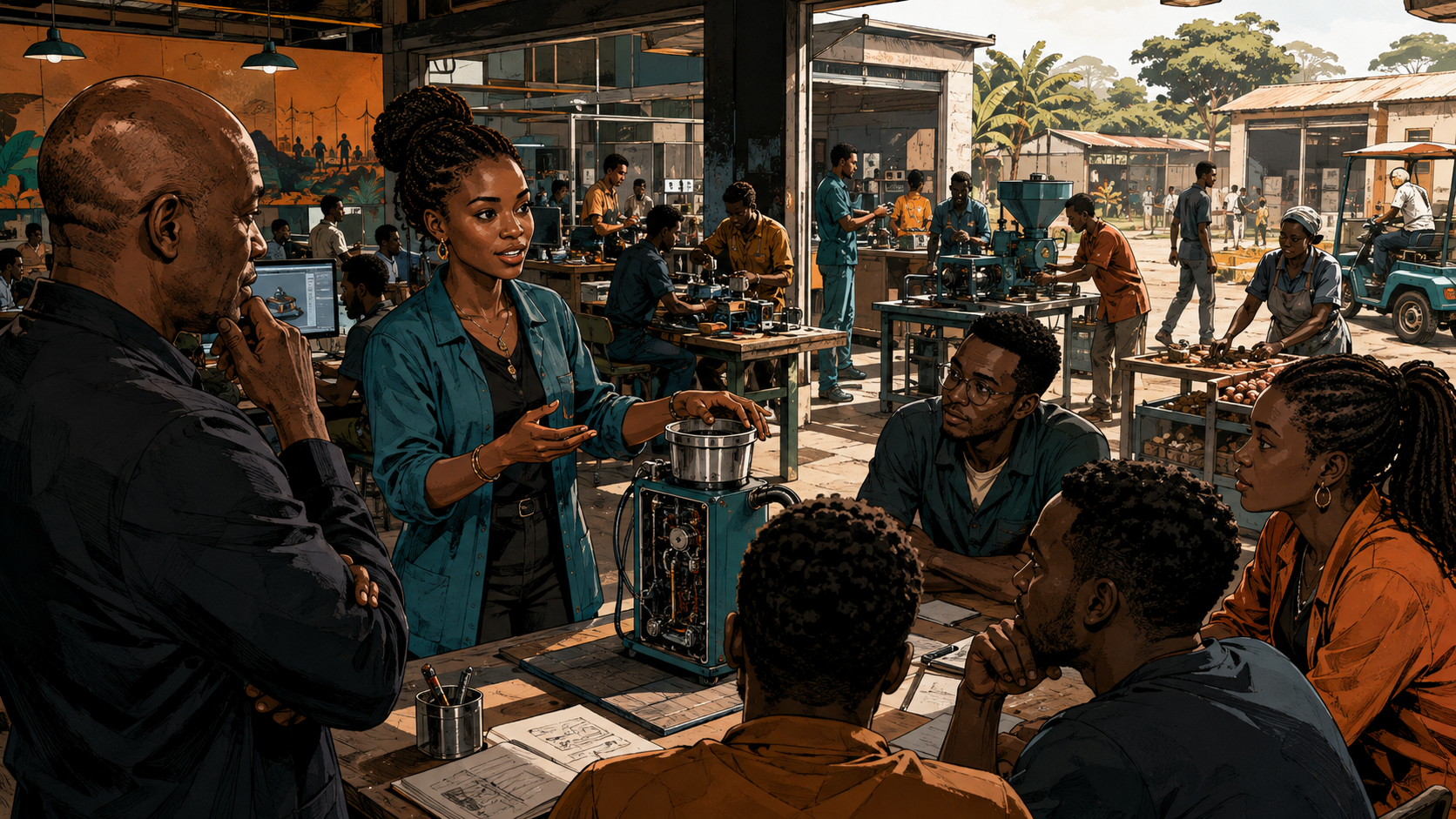 Tony Elumelu surrounded by a new generation of African founders pitching practical businesses as small grants transform into workshops, software, farms, and jobs