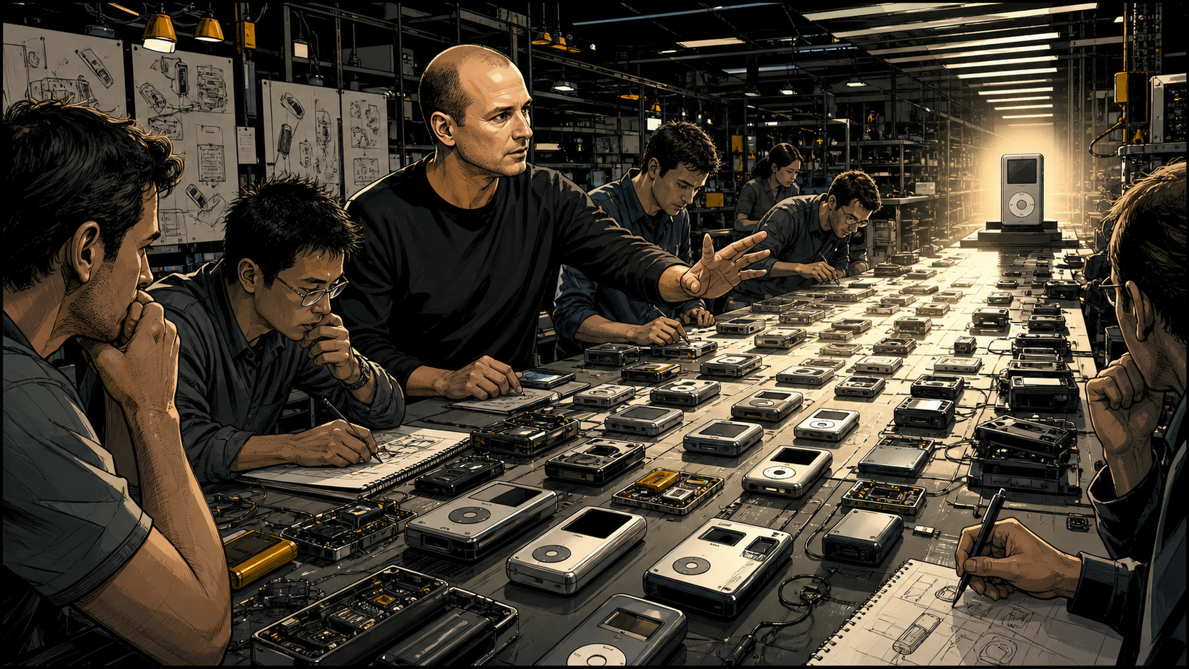 Tony Fadell directing an early product team through dozens of portable music-player prototypes under a brutal deadline