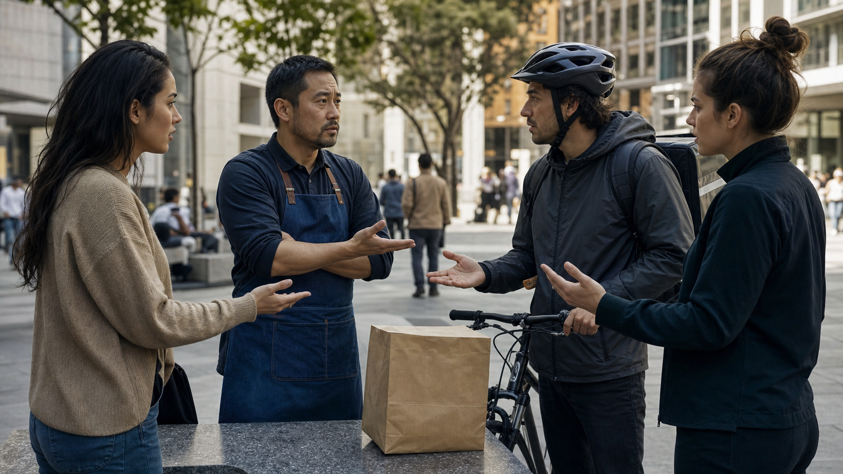 A tense four-sided marketplace balancing consumers, restaurant owners, delivery couriers, and platform operators around one order