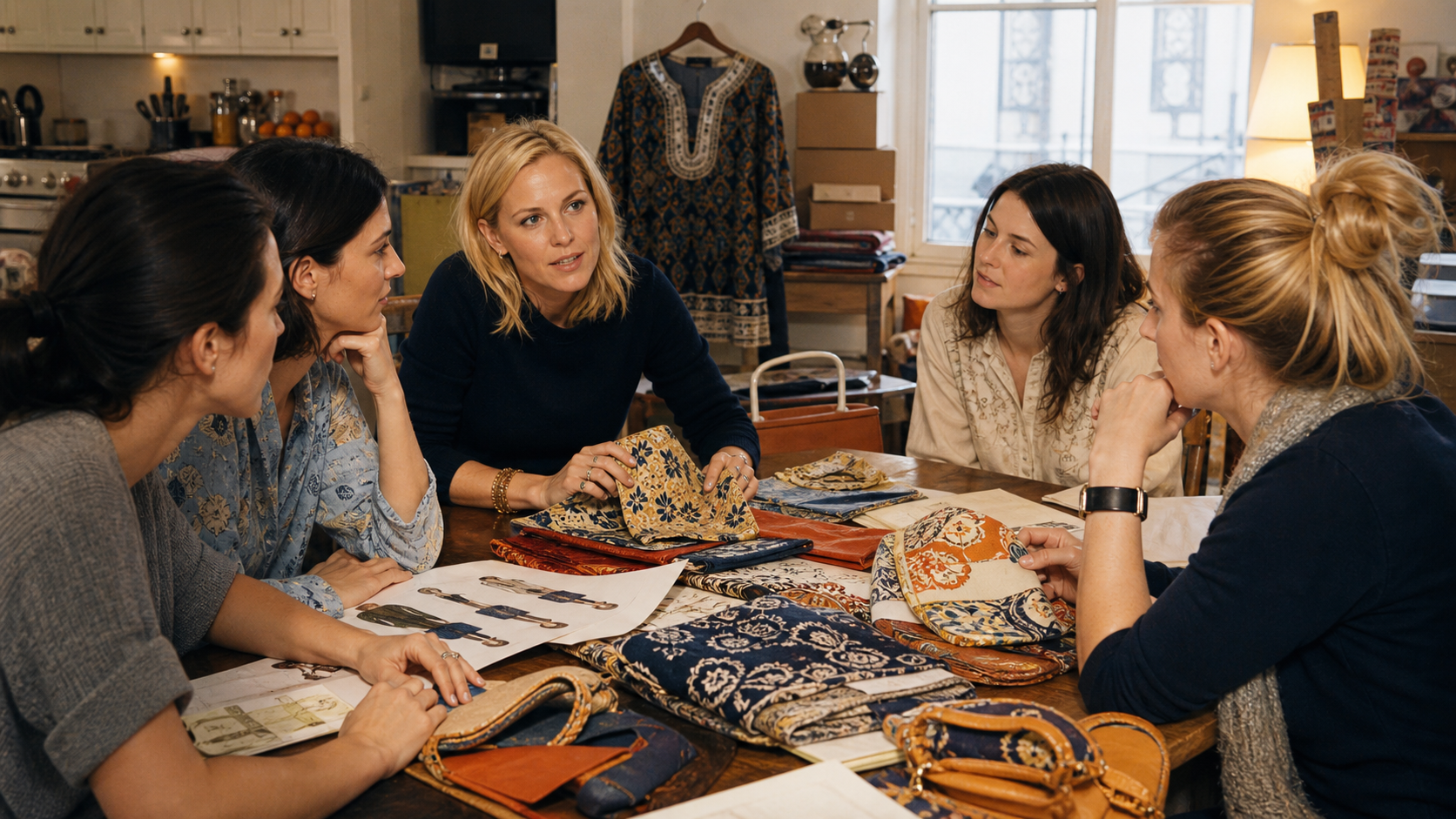 Tory Burch and a small team assembling an early fashion collection around a Manhattan kitchen table
