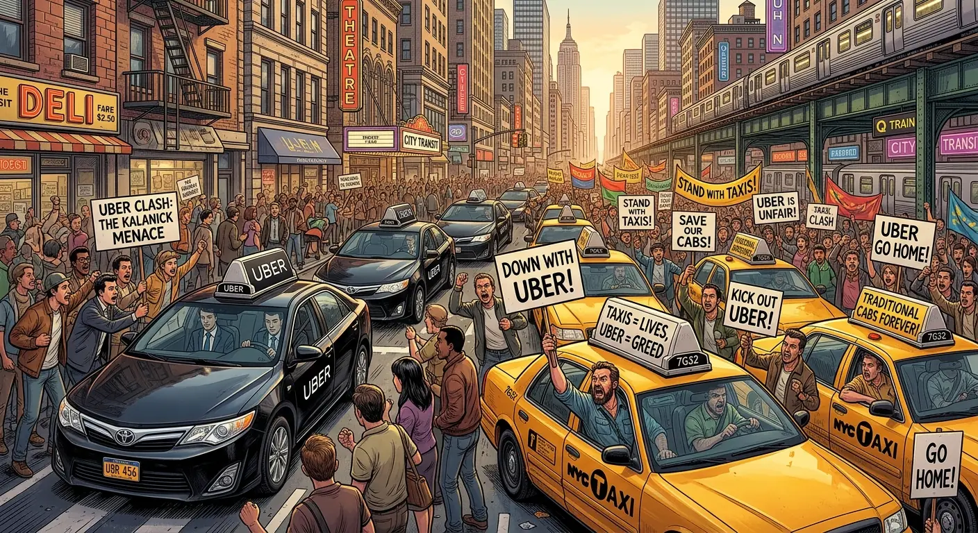 A vibrant protest scene in a busy city street, traditional taxi drivers in their vehicles are holding signs denouncing Uber, while a line of sleek black Uber cars attempts to navigate through the crowd, representing the clash between old and new.