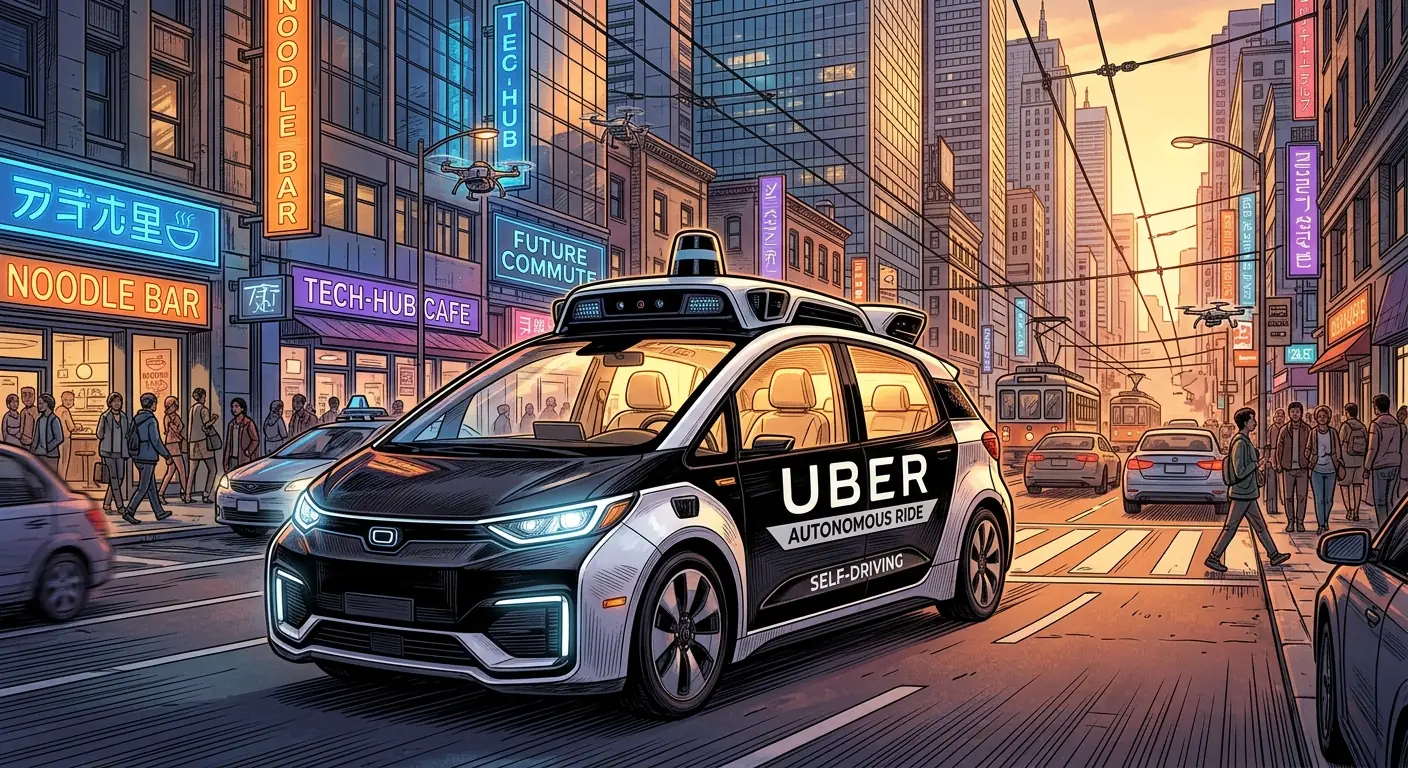 A sleek, futuristic self-driving Uber car, still clearly branded with the Uber logo, navigates a busy urban street with no driver at the wheel, symbolizing Uber's ambitious push into autonomous technology.
