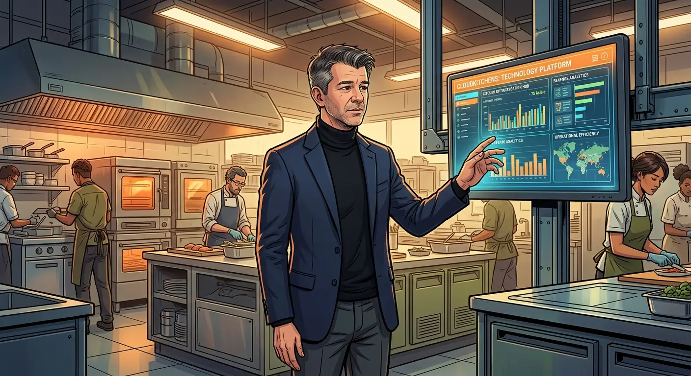 Travis Kalanick, older and with a slightly more subdued demeanor, stands in front of a sleek, modern commercial kitchen setup, perhaps pointing to a screen with data, hinting at the technology-driven nature of his new venture, CloudKitchens.