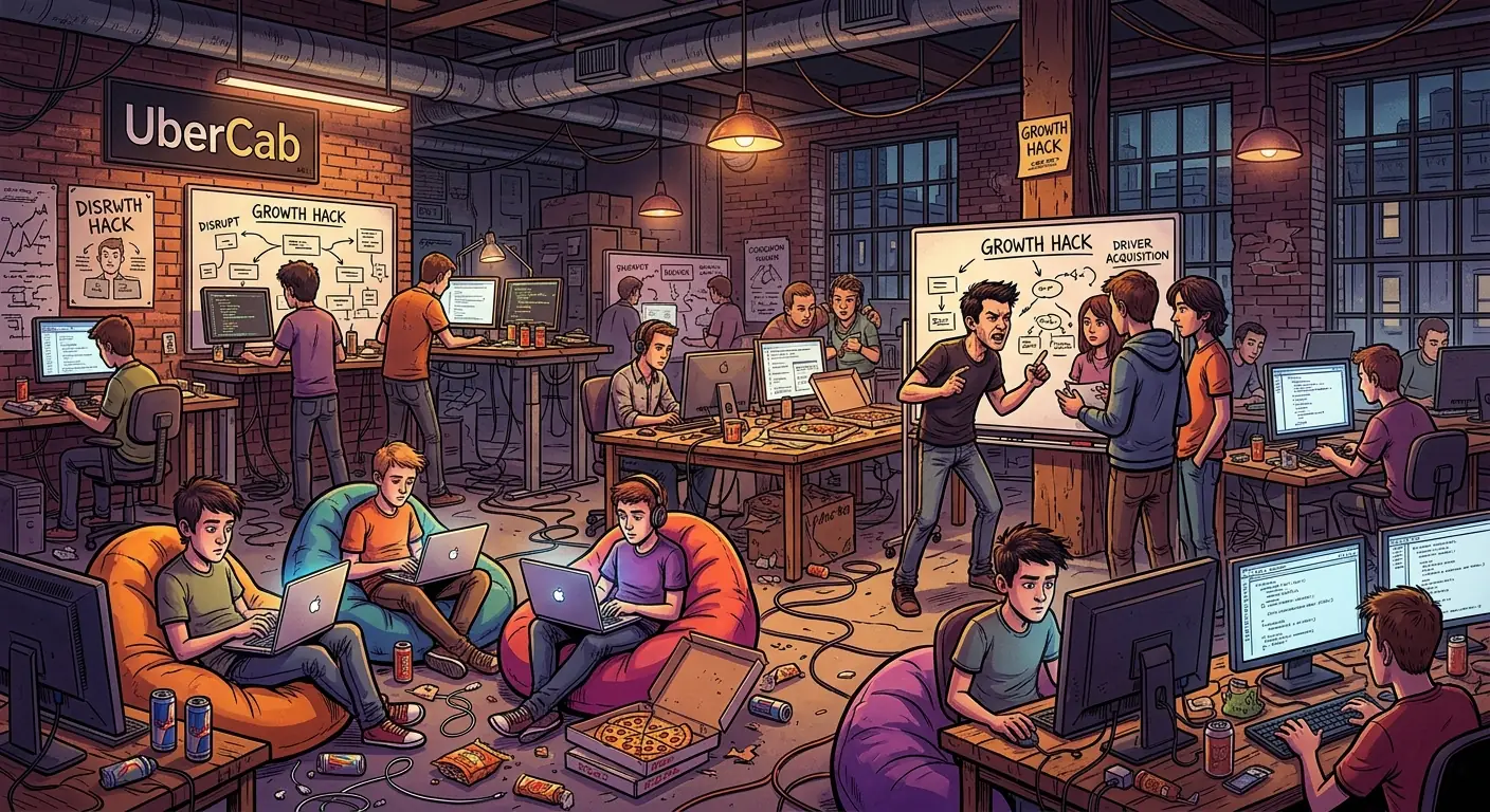 A dimly lit, chaotic open-plan office, overflowing with young employees, some on beanbags, others at standing desks, with empty energy drink cans and pizza boxes scattered around. The air feels charged with intense, unmanaged energy.