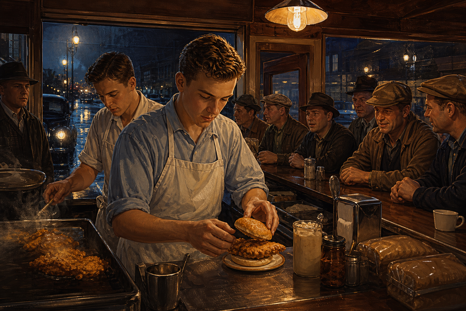 Truett Cathy working the counter of a modest postwar diner while refining a chicken sandwich