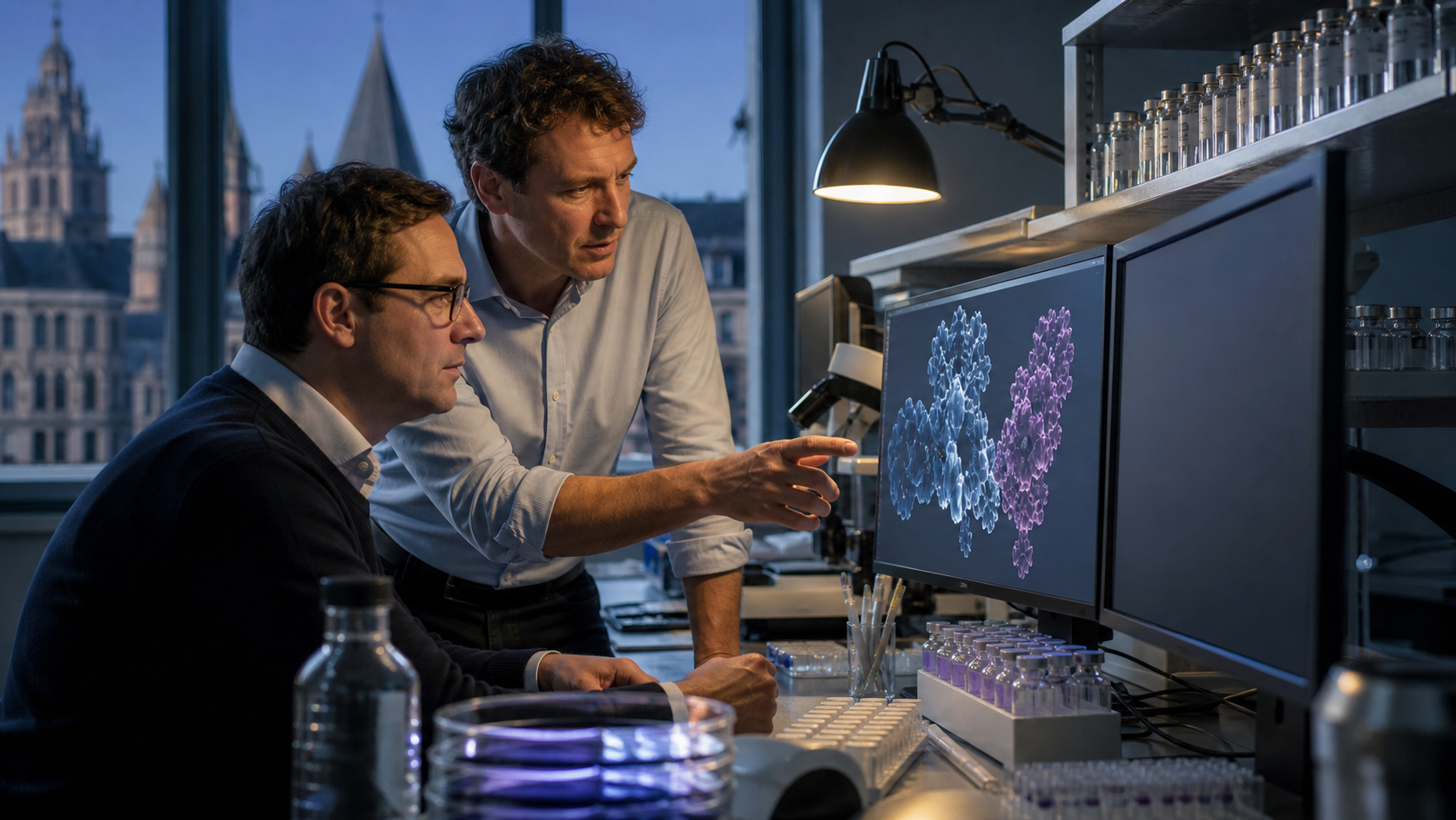 Uğur Şahin and Özlem Türeci reviewing personalized cancer vaccine sequences in an early Mainz laboratory