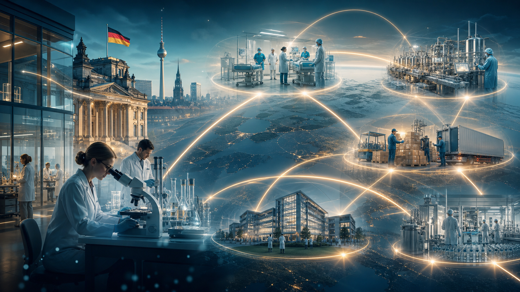 A scientific platform in Mainz linking through partnerships to global trials, manufacturing plants, and distribution networks