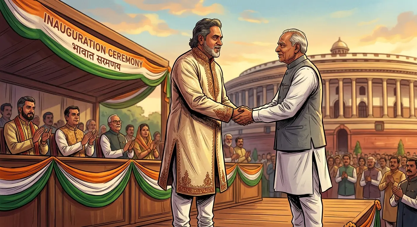 Vijay Mallya in a traditional Indian kurta, shaking hands with a prominent politician on a stage, a parliament building subtly in the background.