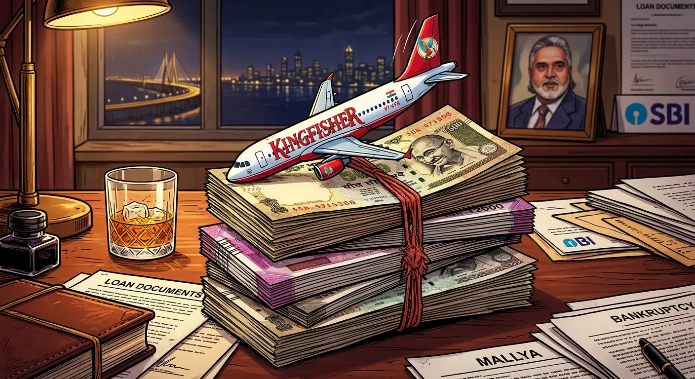 A stack of Indian rupee notes with a Kingfisher Airlines plane toy precariously balanced on top, about to tip over.