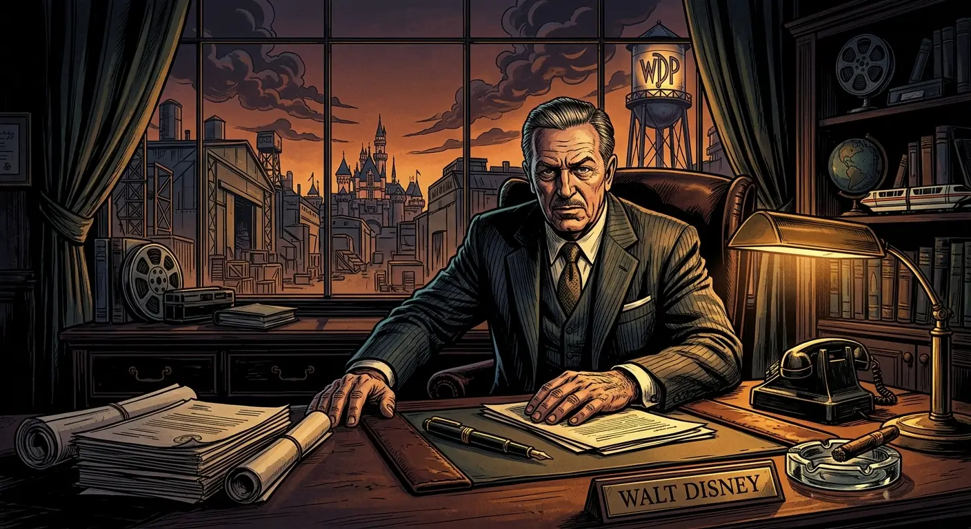 Walt Disney sitting at a large, imposing desk, looking sternly at the viewer, a subtle shadow casting across one side of his face, hinting at a complex inner world