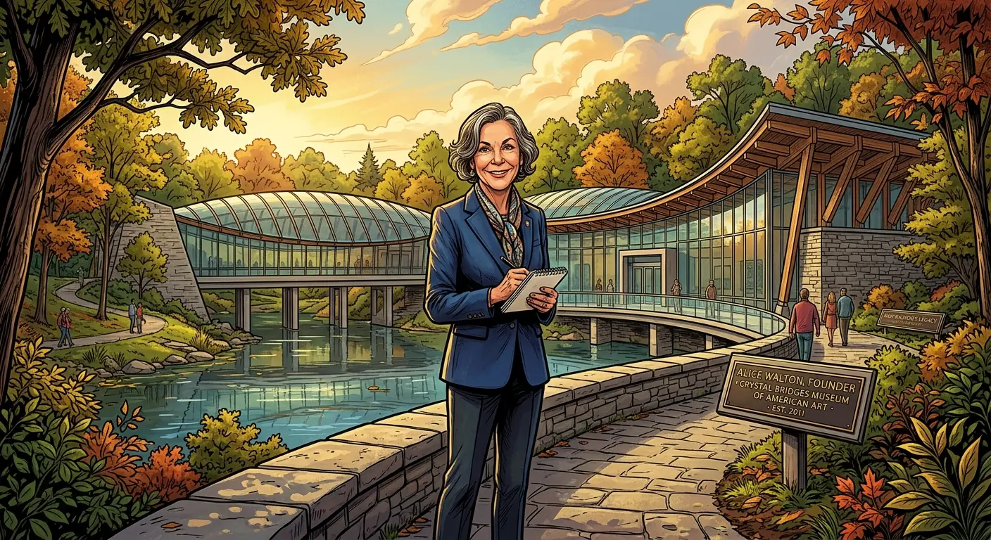 Alice Walton standing in front of the Crystal Bridges Museum of American Art, a modern architectural marvel nestled in a natural setting