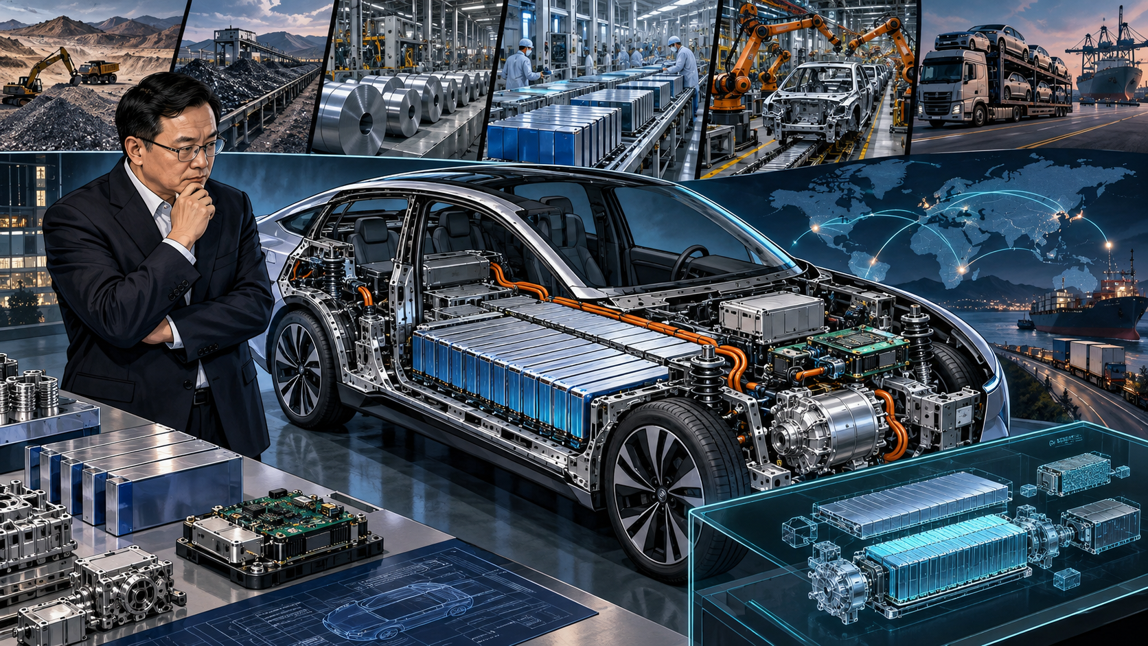 A cutaway BYD electric vehicle revealing the battery pack, power electronics, motor, semiconductor controls, and factory supply chain