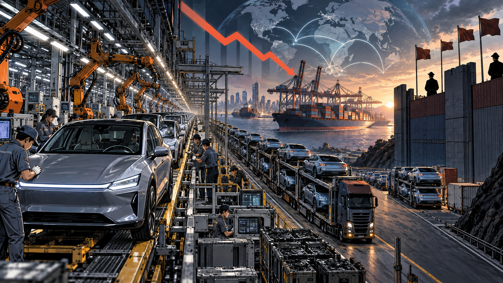 A vast BYD production line sending affordable electric cars toward world markets while price-war charts and regulatory scrutiny rise overhead
