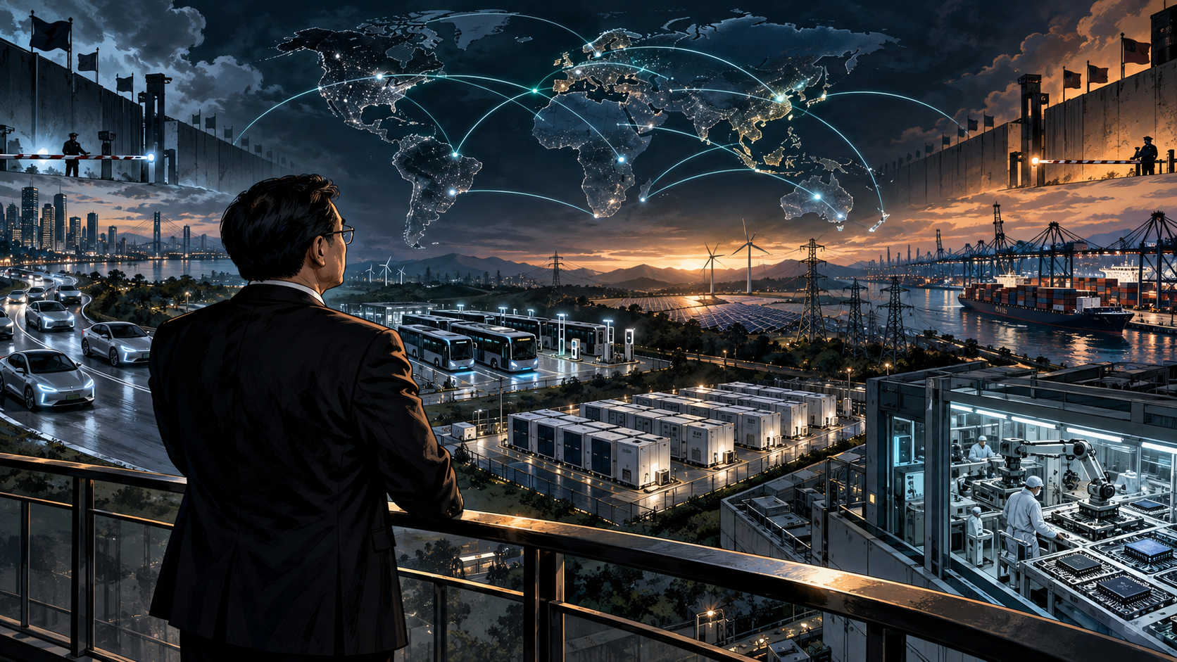 Wang Chuanfu overlooking a global network of electric cars, buses, batteries, storage systems, and factories in a cinematic graphic-novel finale