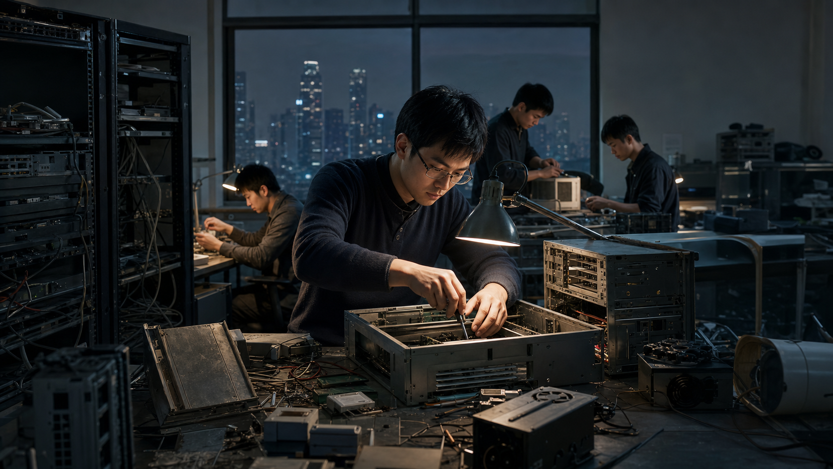 A young Wang Xing studying several early Chinese internet startups on whiteboards before sketching the first Meituan model