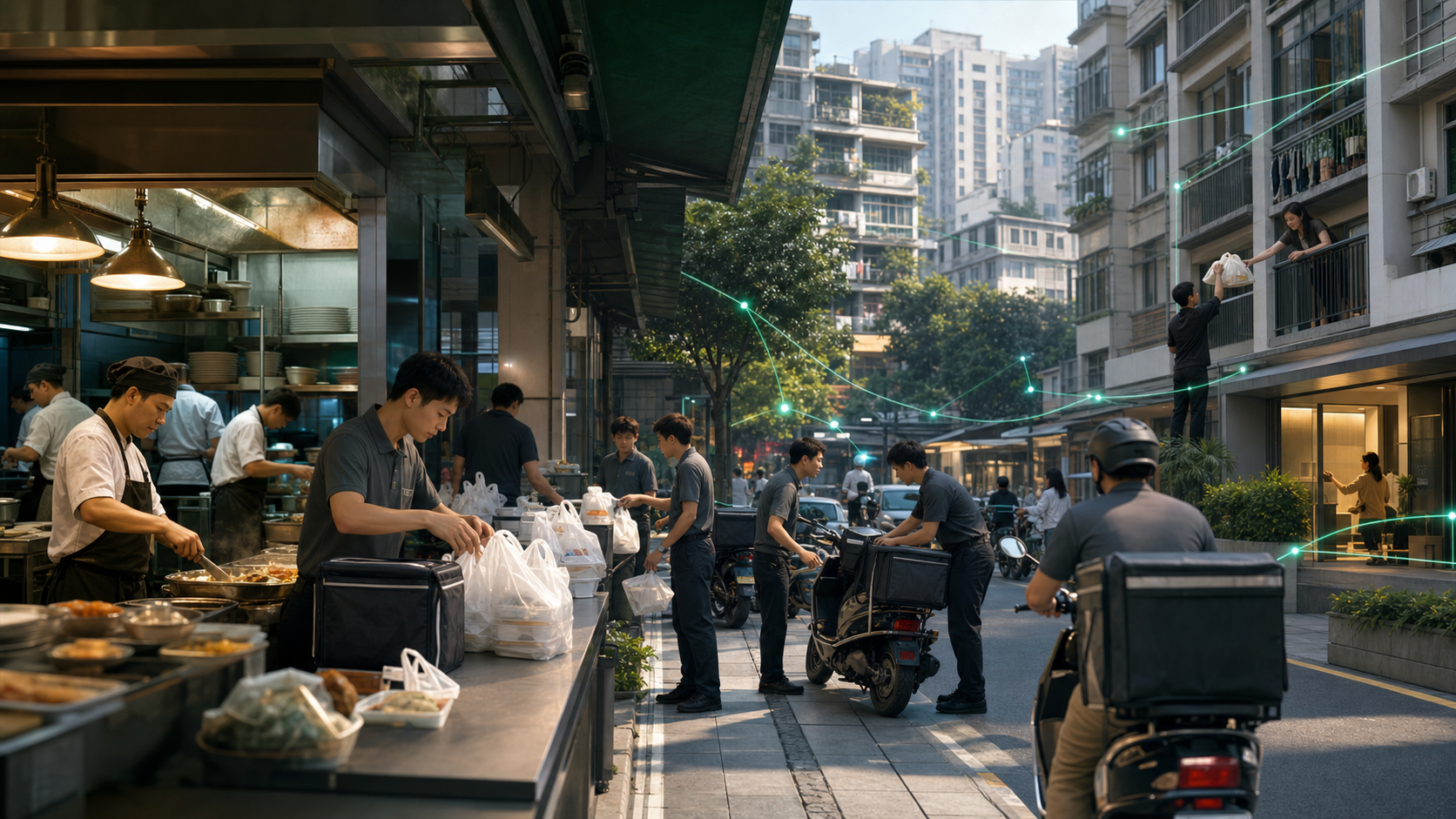 Meituan's food delivery network coordinating restaurants, riders, mapping algorithms, and millions of urban consumers at lunch rush