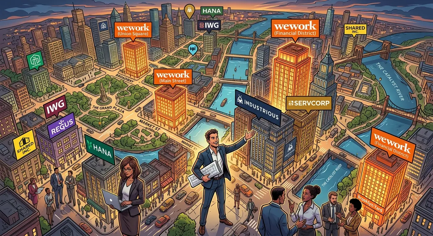 A stylized map of a city, with various co-working spaces marked by different company logos, some overlapping, others clearly distinct, conveying a competitive landscape.