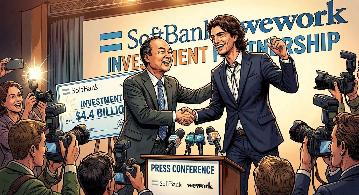 Masayoshi Son of SoftBank and Adam Neumann of WeWork shaking hands with enthusiastic smiles during a press conference announcing a major investment, surrounded by cameras and branding.