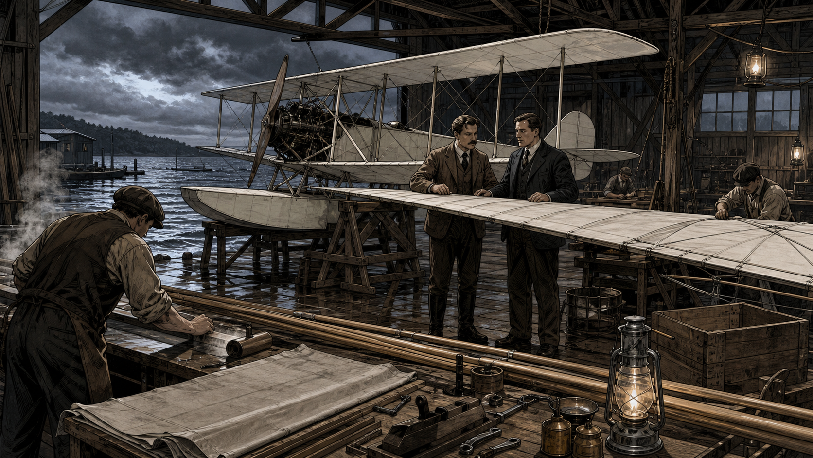 William Boeing and engineer George Westervelt inspecting a handcrafted seaplane beside a timber workshop on Seattle's waterfront