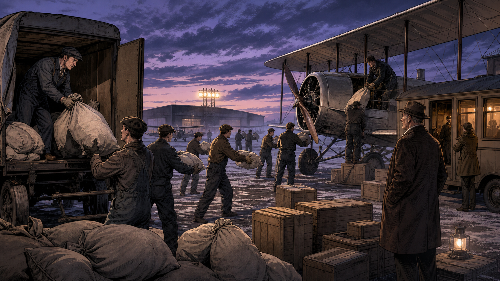 A 1920s Boeing mail plane loading sacks at dawn as a route map, factory, and passenger cabin converge into one aviation network