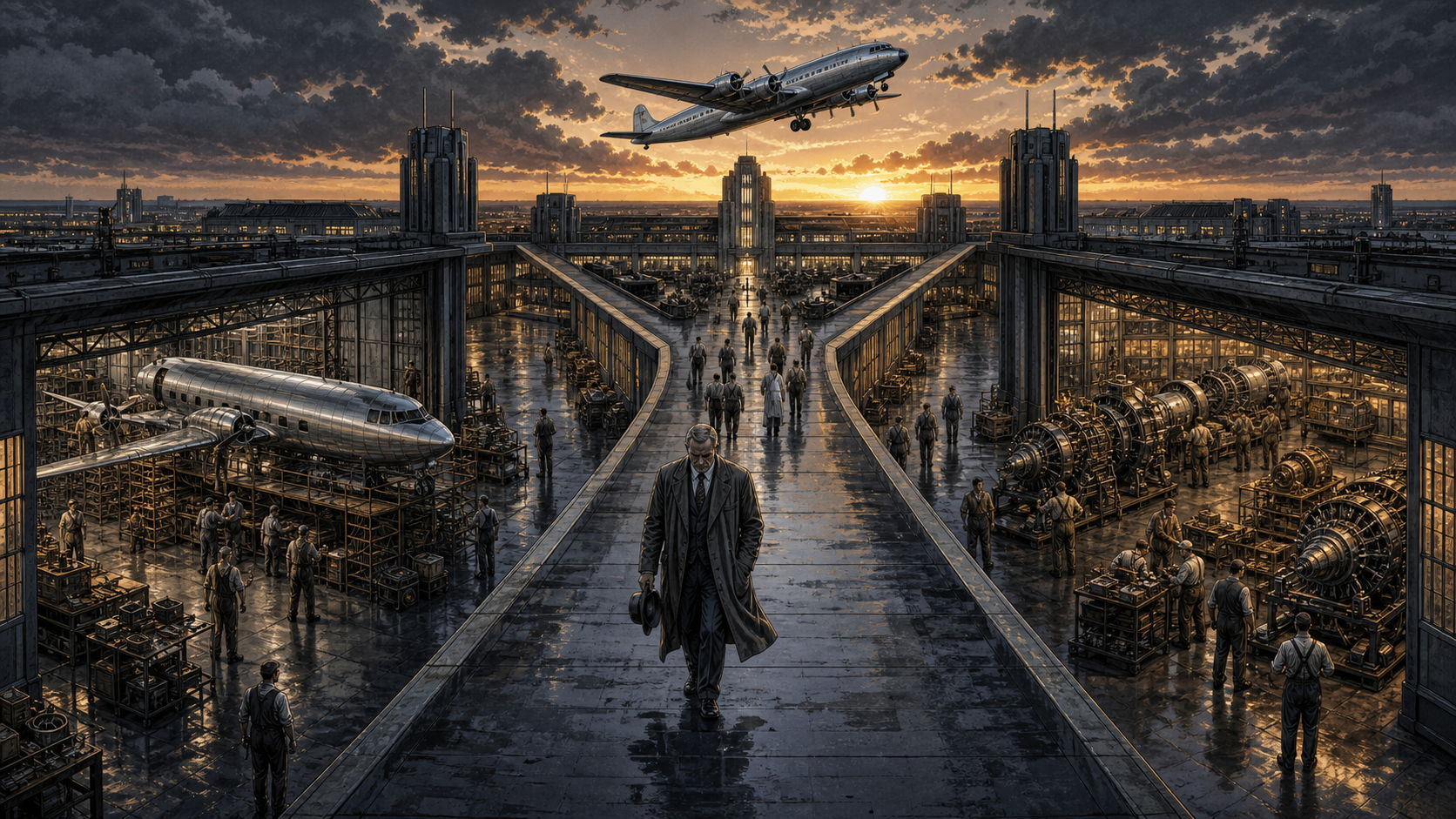 William Boeing walking away from a divided aviation empire while modern metal airliners rise from the industrial system he helped create