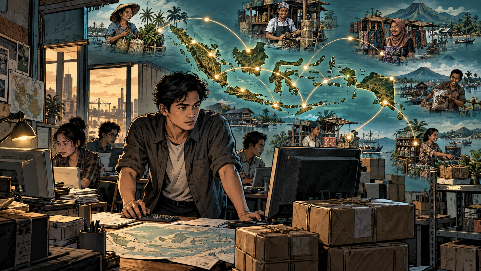 A young Indonesian founder assembling an online marketplace from a modest office as small merchants appear across an island map