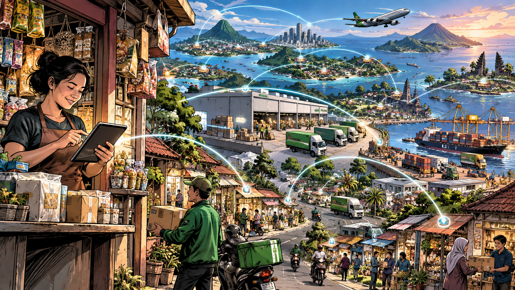 Thousands of small shops connected to buyers warehouses couriers and digital payments through one marketplace network