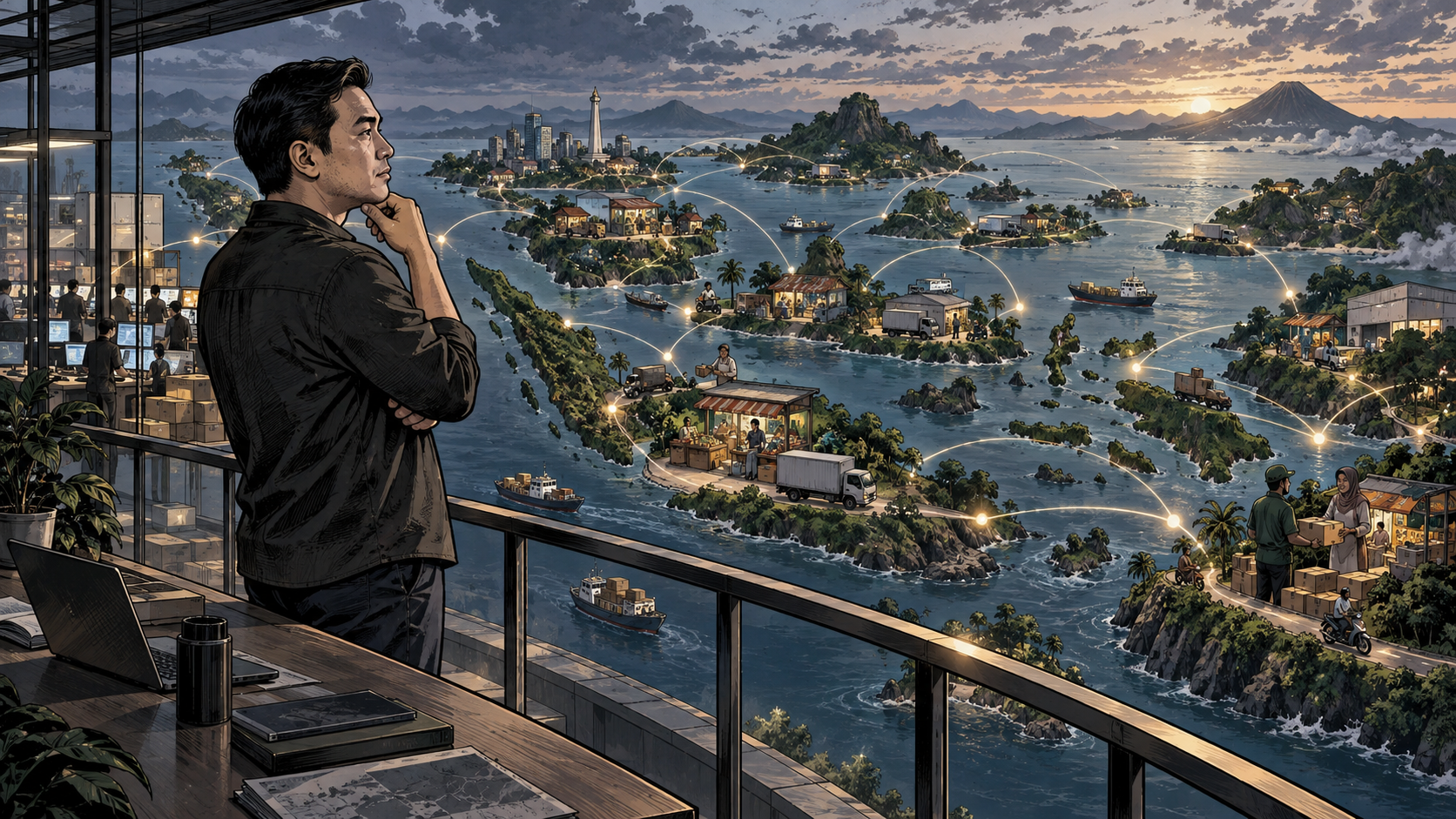 William Tanuwijaya looking over an Indonesian commerce network balancing merchant opportunity consumer trust and platform power