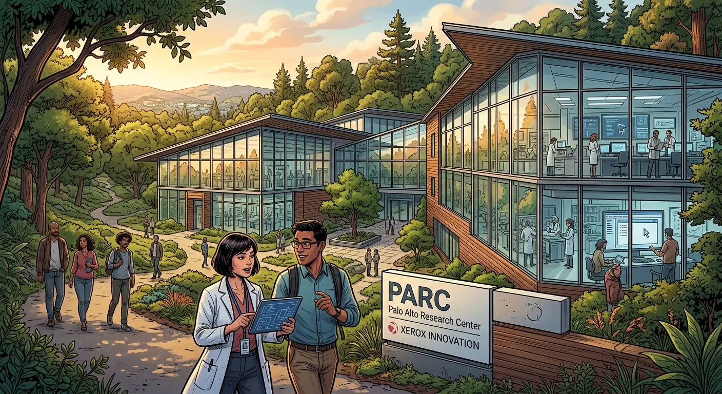A modern, sleek research facility with large glass windows and minimalist design, nestled among green trees, representing the contemporary PARC.