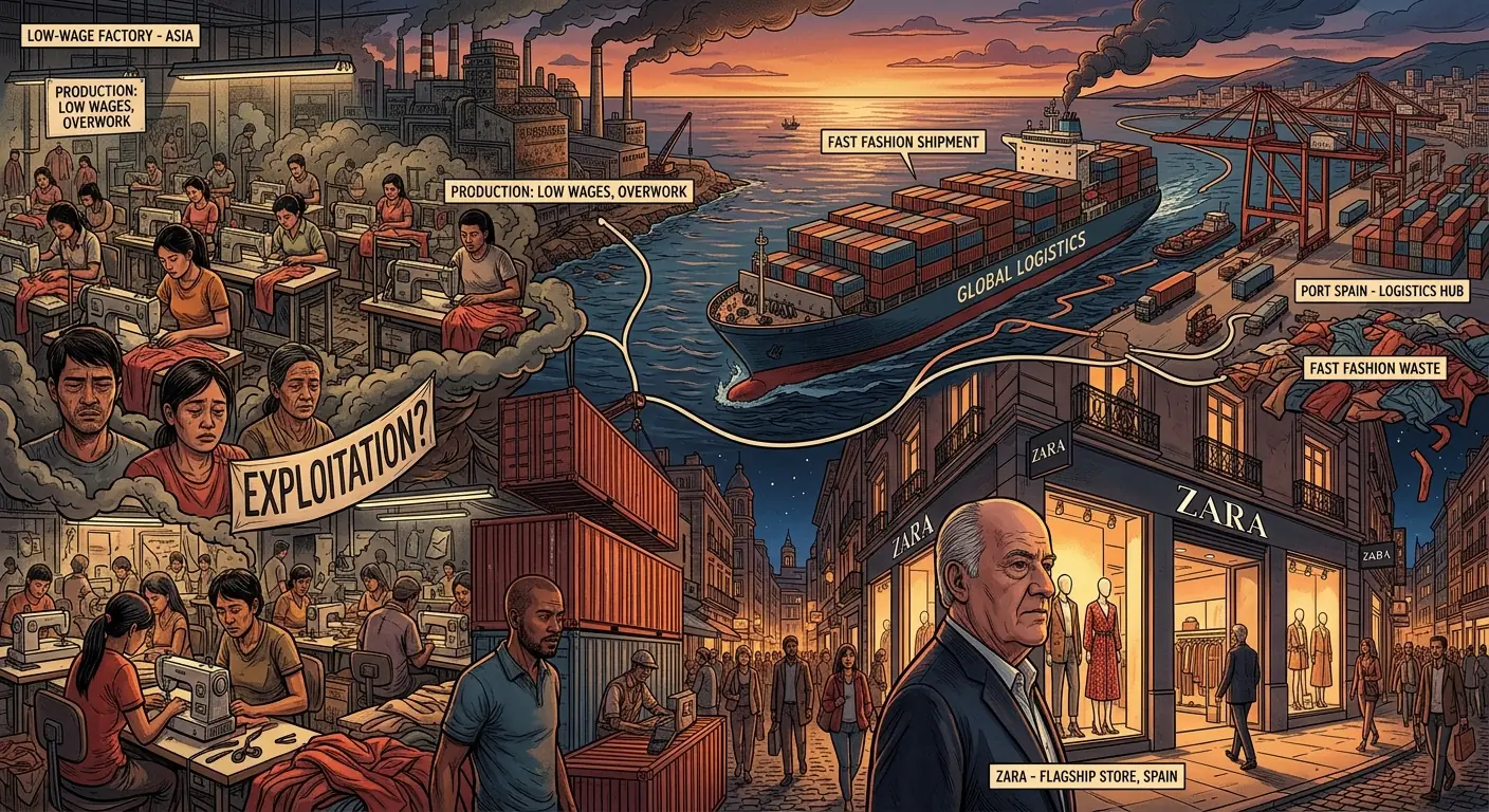 Illustration of a complex global supply chain with factories, ships, and shops, highlighting ethical dilemmas