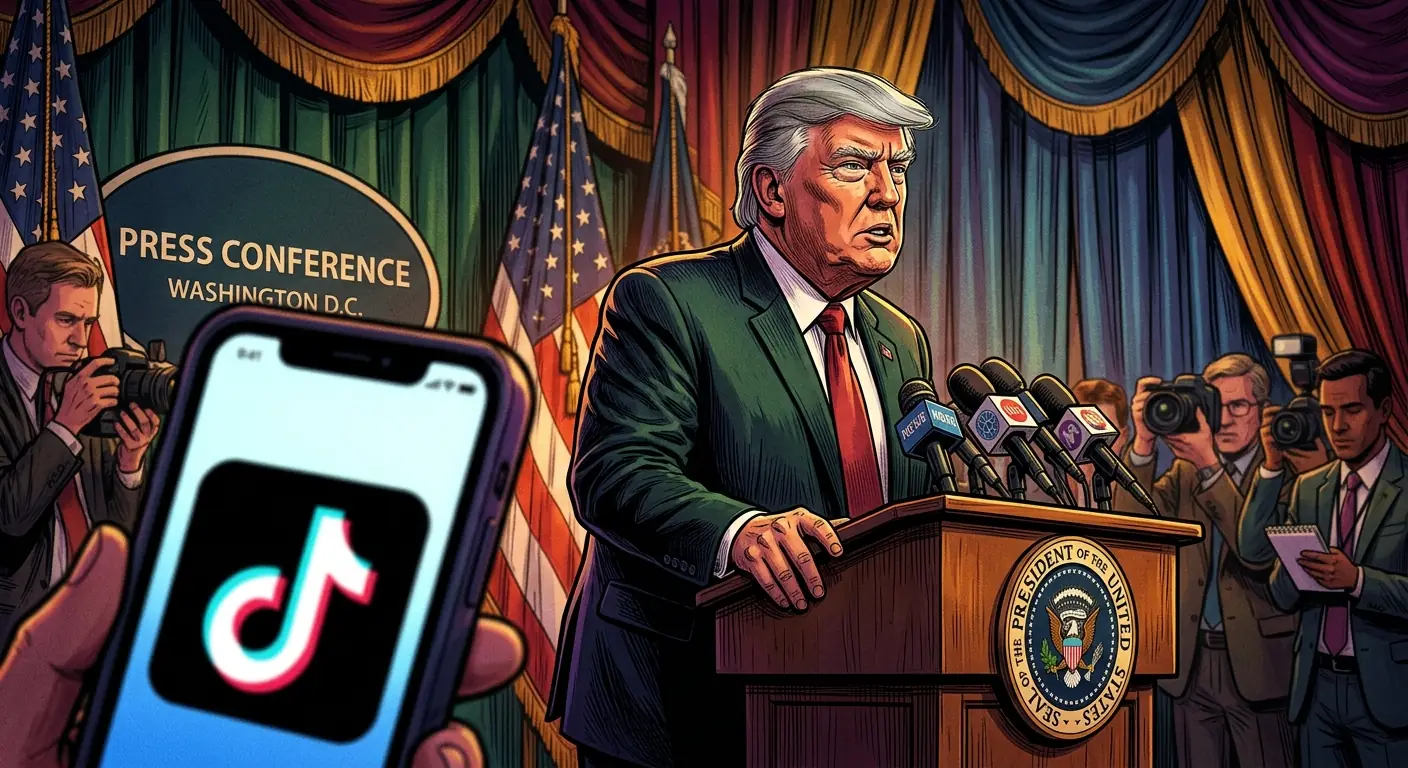 President Trump on a podium, looking stern, with a smartphone displaying the TikTok logo superimposed in the foreground, symbolizing the US government's pressure on the app.