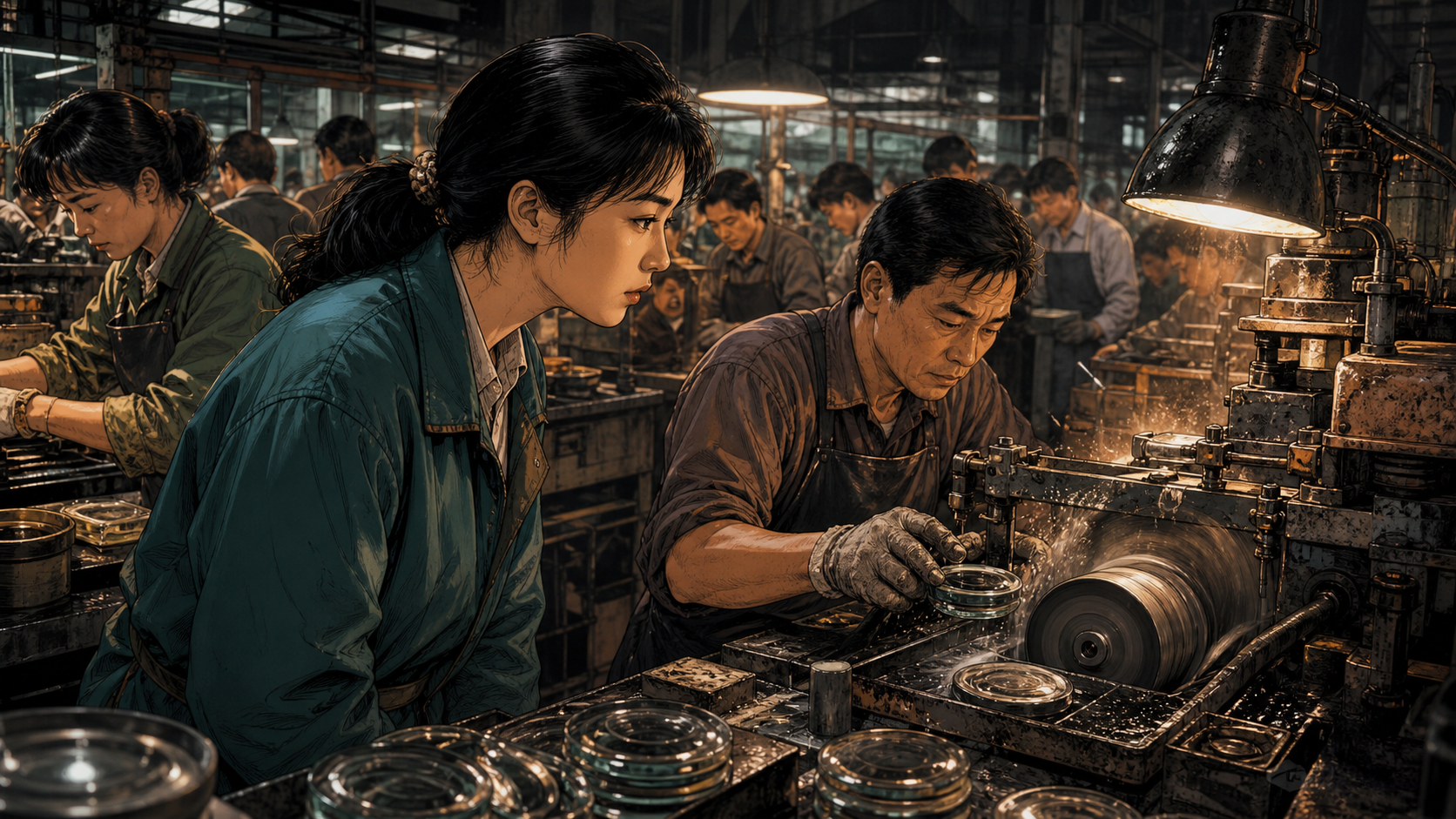 A young Zhou Qunfei on a crowded watch-glass factory floor studying polishing machines during a late shift
