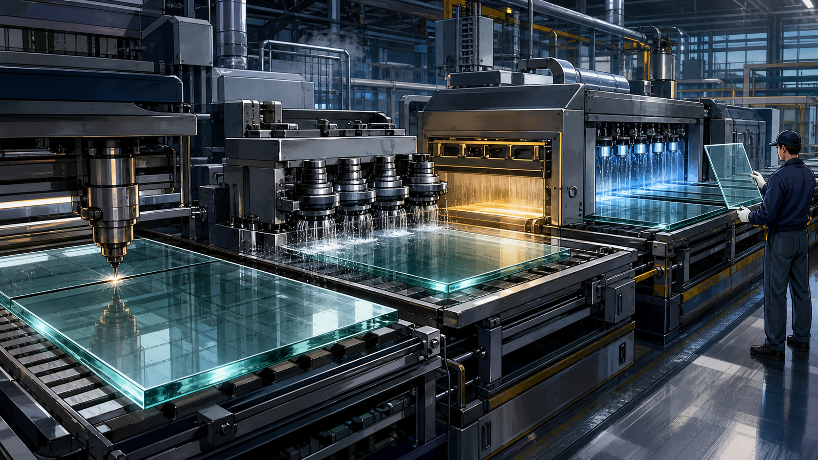 Precision glass panels moving through polishing coating and inspection as mobile phones transform from keypads to touch screens