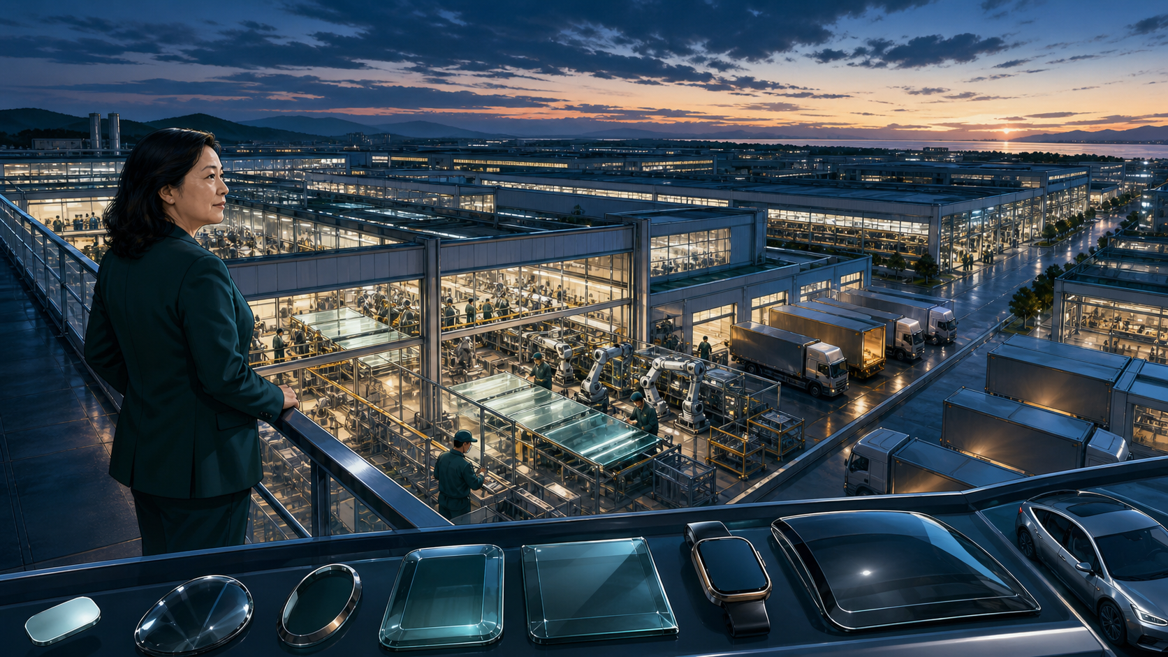 Zhou Qunfei overlooking a vast automated glass manufacturing campus while customer logos remain deliberately absent