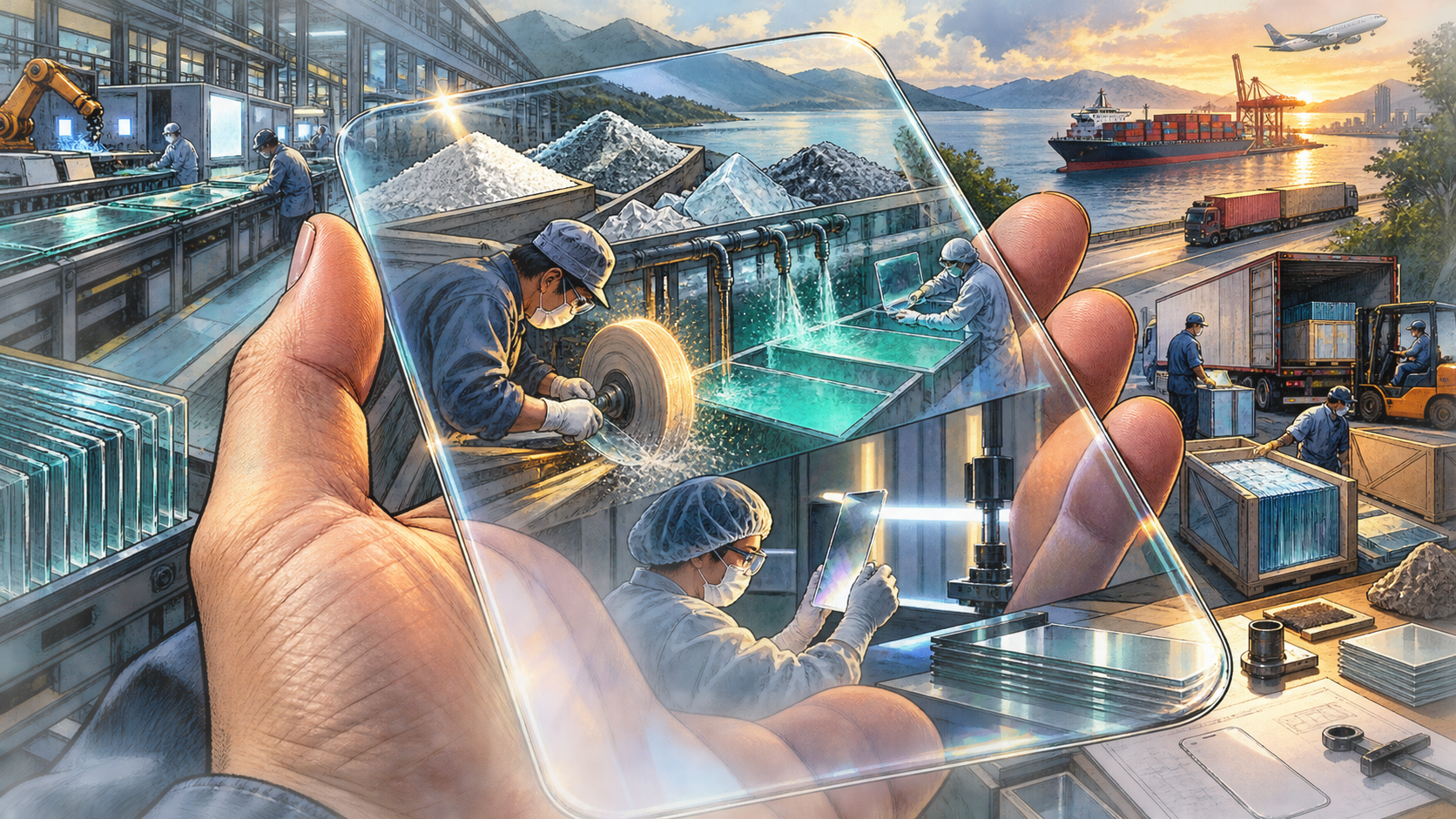 A transparent smartphone surface revealing the hidden network of workers machines chemistry and quality control behind it